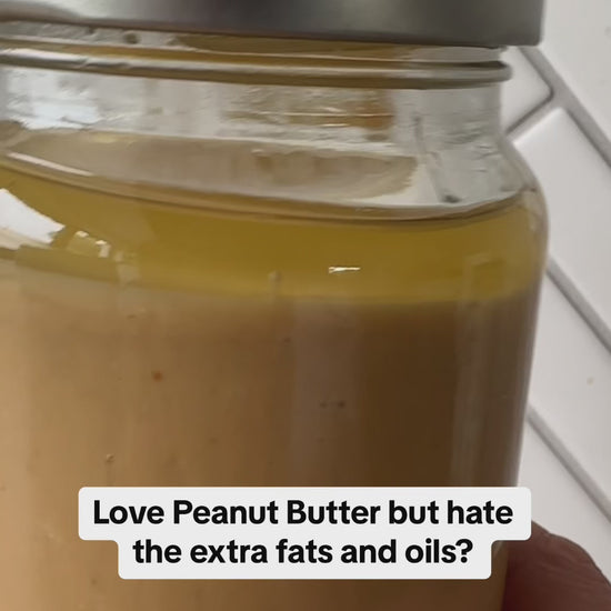 Video of oily peanut butter swirling around in jars, peanut butter powder as a healthy alternative without the additional fats and oils.